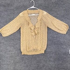 Old Navy Womens Polka Dot Ruffle V-Neck Smocked Blouse Tan Blue Size M